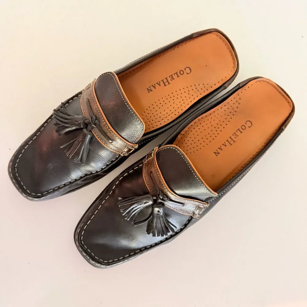 Cole Haan Black Leather Tassel Loafer Mules, Men's 9 Slip On